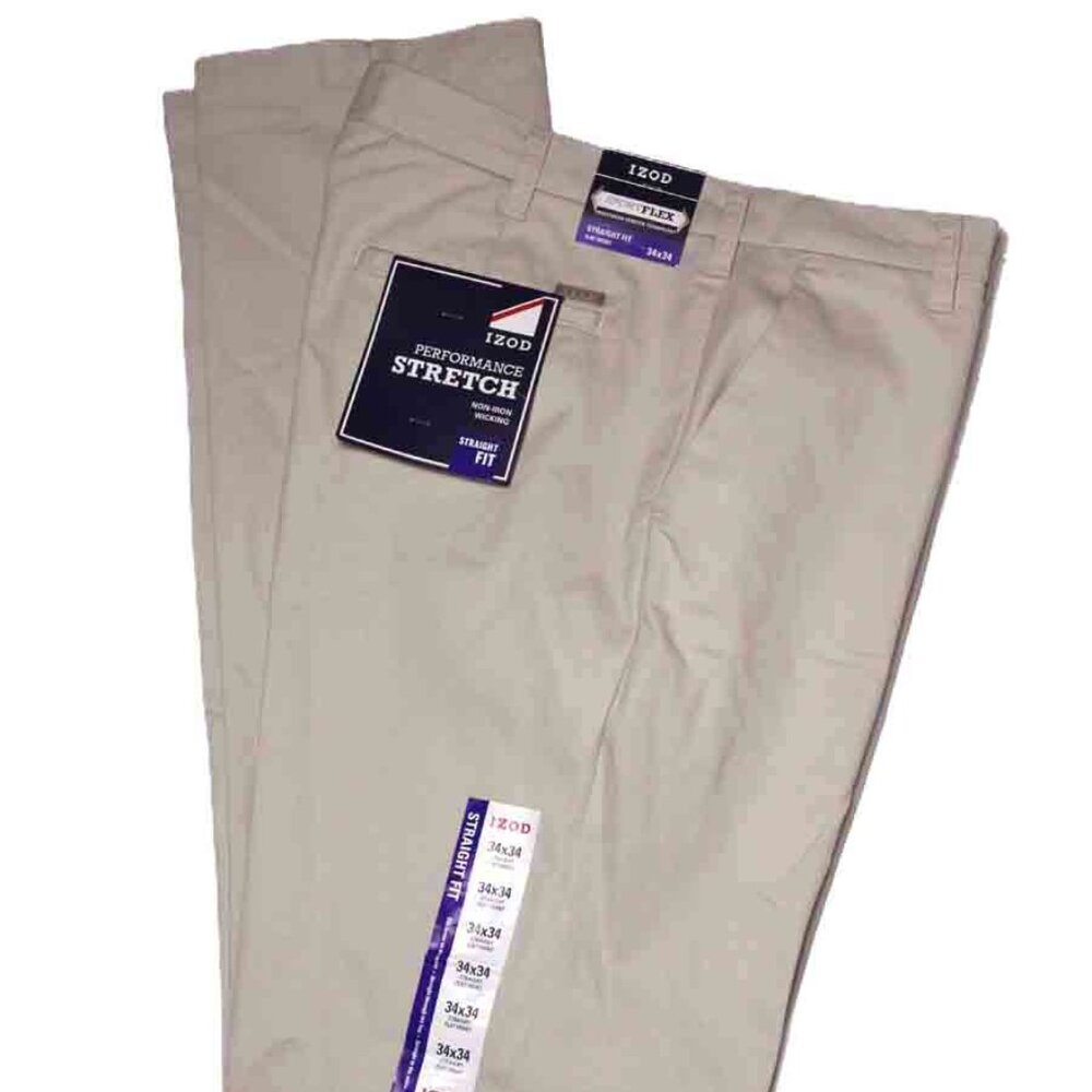 IZOD Sport Flex Straight Fit Chinos Pants Warm Pearl Khaki Men's Size 34 X 34